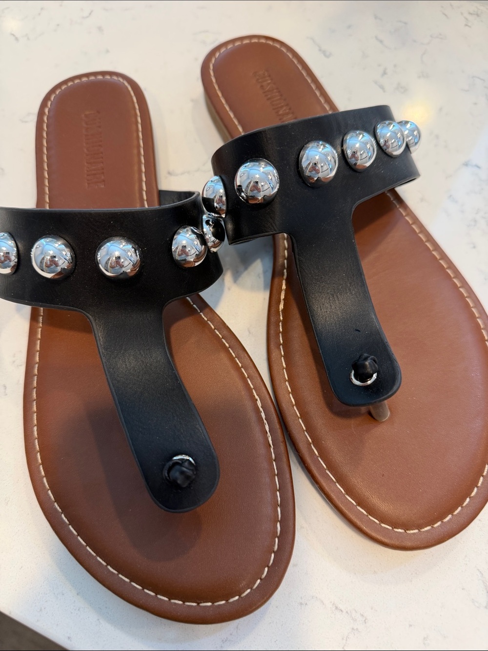 Black Studded Toe-Post Sandals - Women's